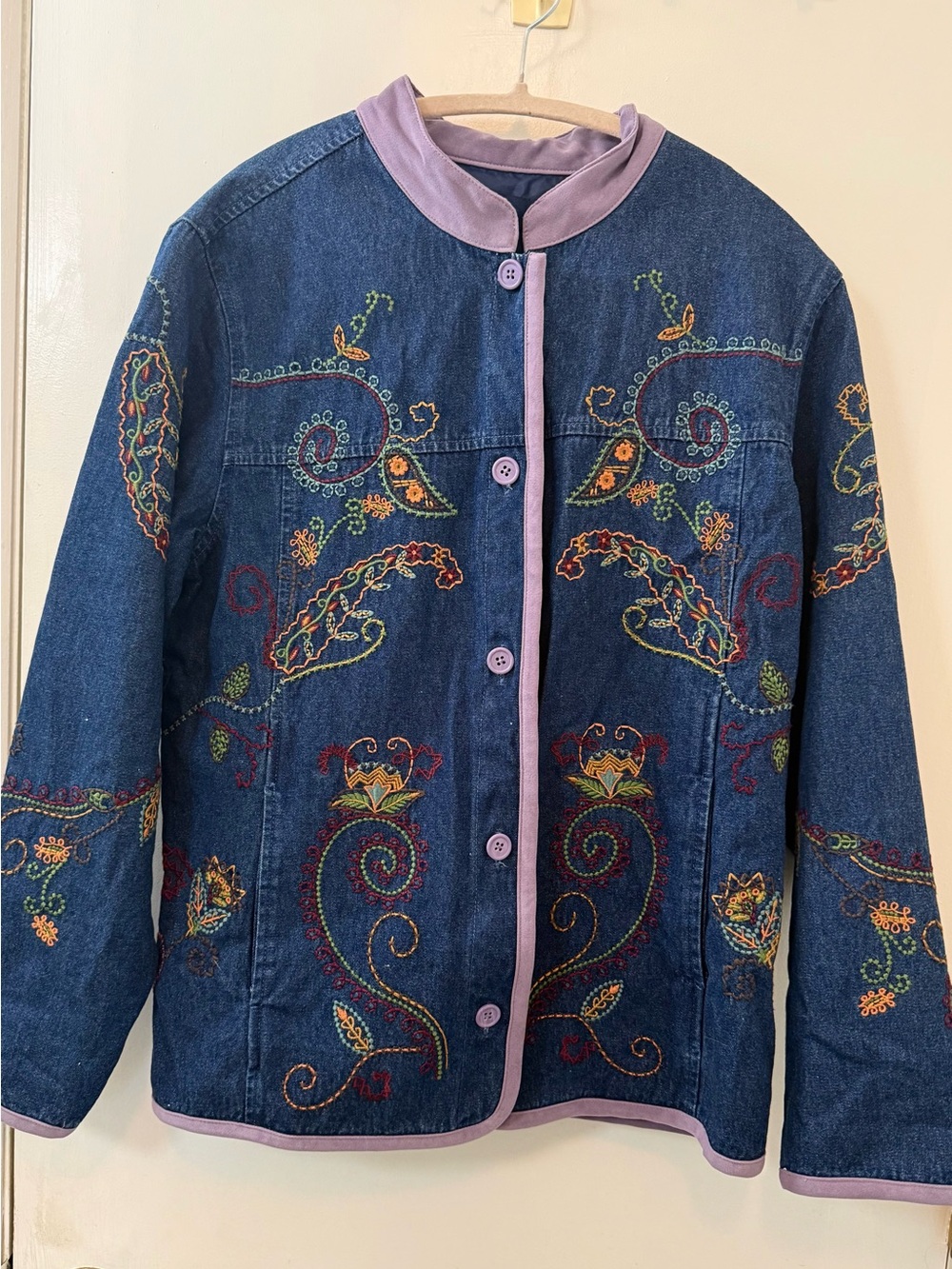 Vintage Denim & Co. Embroidered Denim Jacket in Blue & Pink Medium Like New